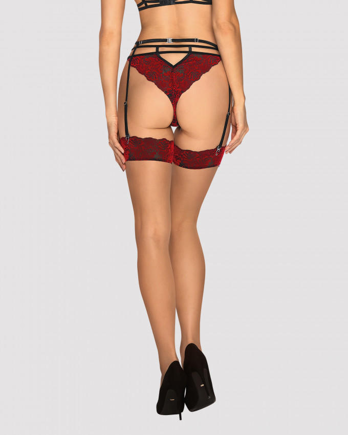 Панчохи під пояс із оксамитовою коронкою obsessive sugestina l/Xl natural/red - Зображення 2