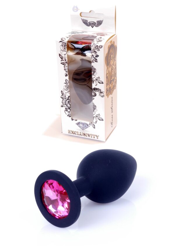 Анальна пробка чорна з каменем plug-jewellery black silicon plug medium-pink diamond