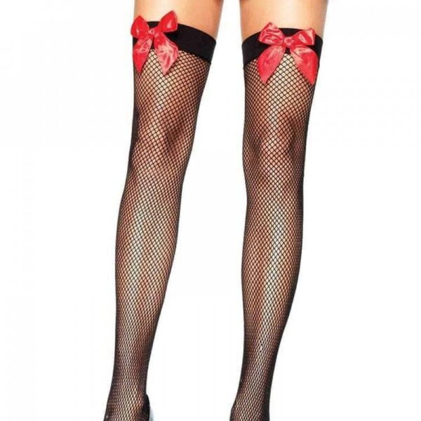 Панчохи в сіточку із червоним бантом leg avenue fishnet thigh highs with bow o/S - Зображення 2