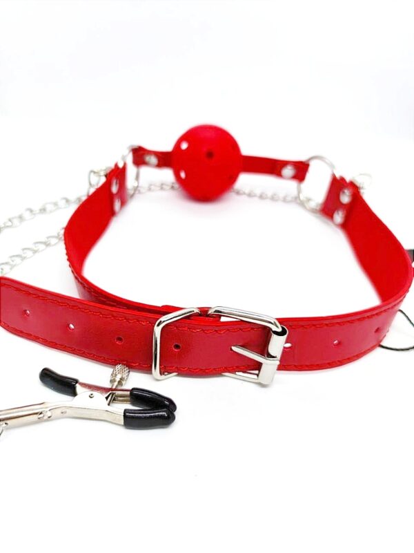 Кляп ds fetish ball gag with nipple clamps red - Зображення 4