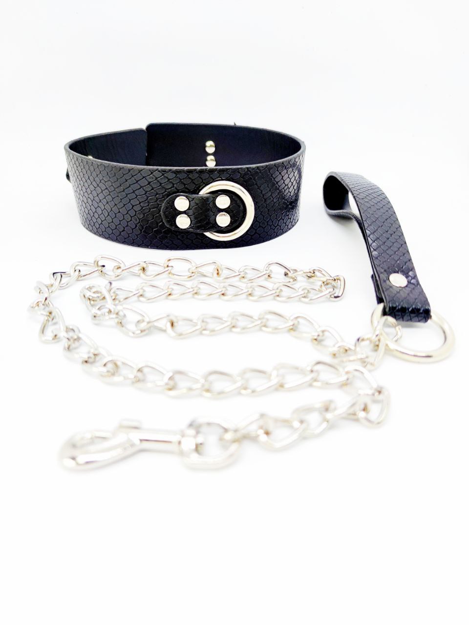 Нашийник з повідцем ds fetish snake skin під шкіру змії чорний