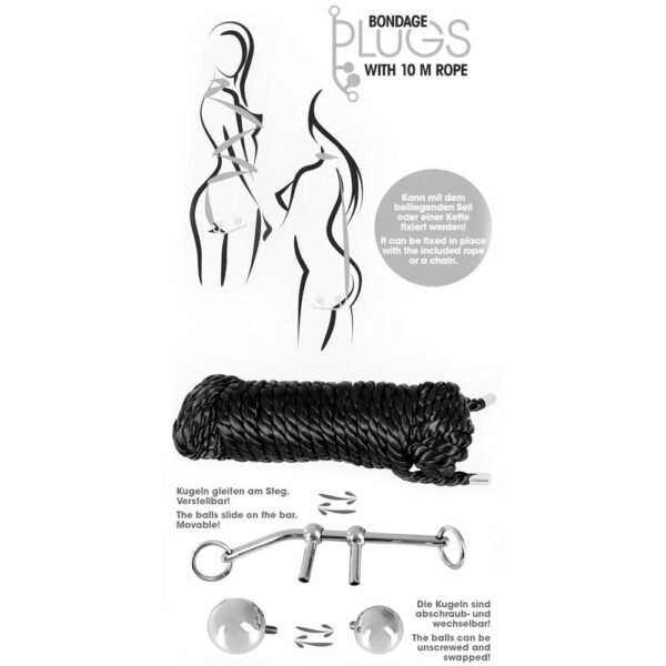 Система фіксації з бондажною мотузкою та анальними пробками you2toys plugs bondage, чорна, 10 м, 3.2/3.8 см - Зображення 3